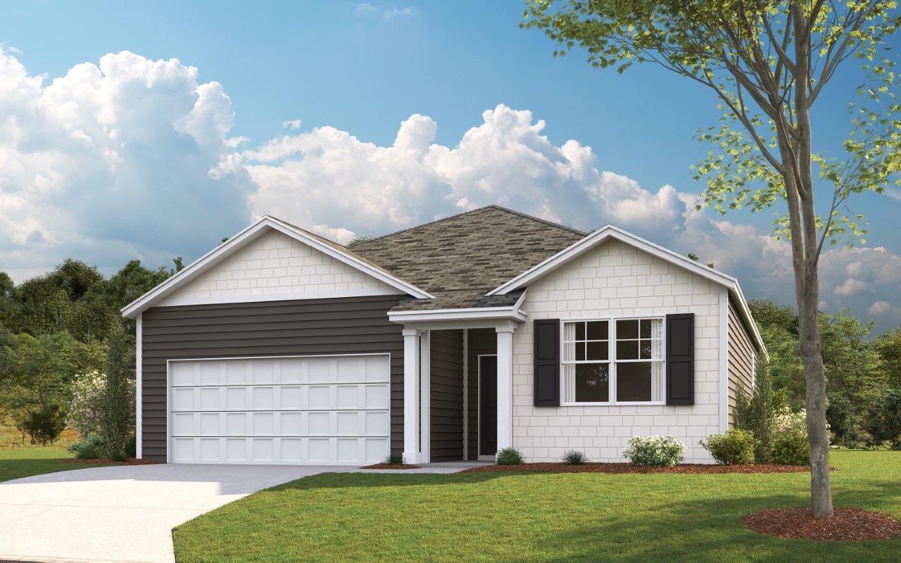 Aria plan front home elevation with covered doorway and garage