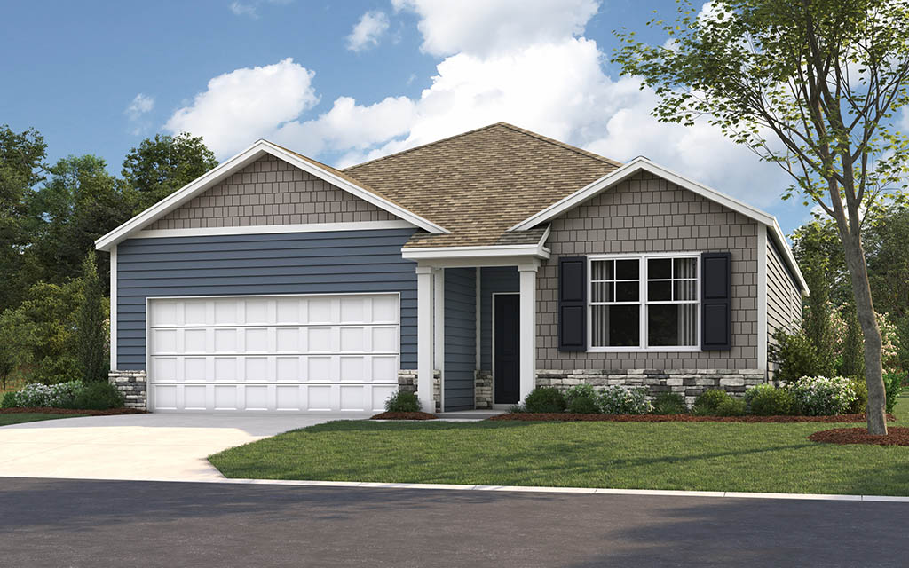 Aria plan front home elevation with covered doorway and garage