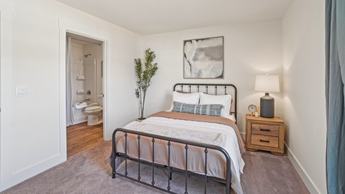 Interior bedroom with natural lighting and bathroom
