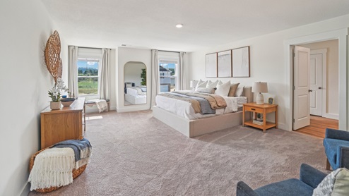 Interior primary bedroom with large windows and primary bathroom