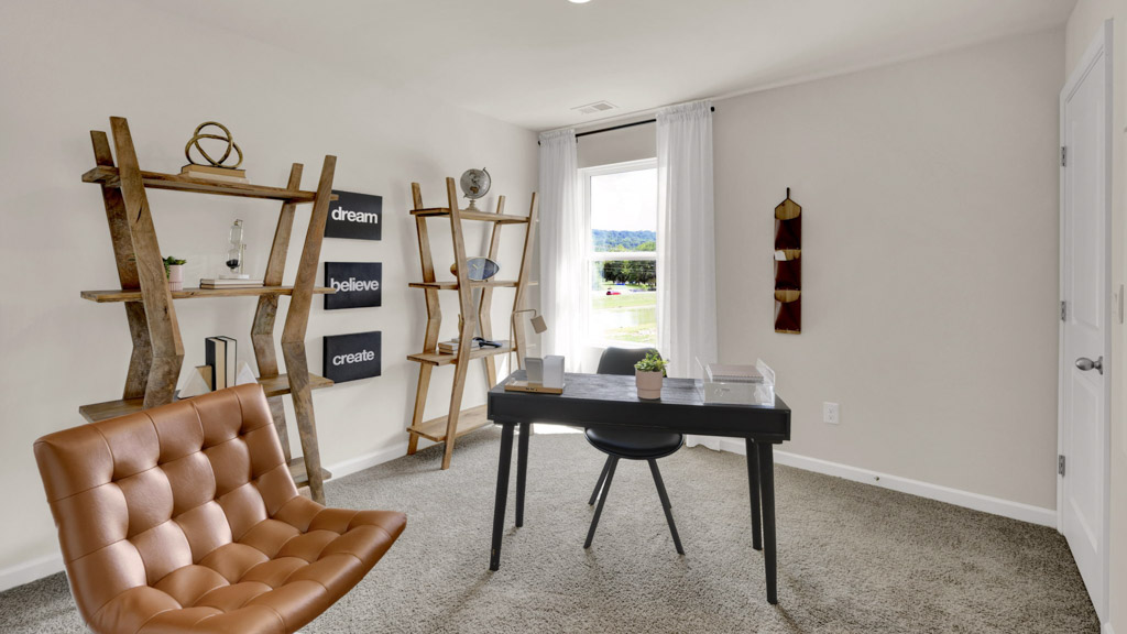 The Darwin floor plan is available at The Hideaway at Fox Meadows in Bluff City, TN. It's a charming two-story home that offers an open-concept main level with a spacious kitchen, pantry, and island with countertop seating. The kitchen overlooks an expansive living area, a well-lit breakfast nook, and an outdoor patio. The foyer has a powder room for convenience. Moving to the upper level, you'll find a desirable primary bedroom with a walk-in closet and private bathroom. There are also two additional bedrooms, each with their own walk-in closet. An additional bathroom and laundry room complete the upstairs of this beautiful home.  D.R. Horton is an Equal Housing Opportunity Builder. Home and community information, including pricing, included features, terms, availability and amenities, are subject to change and prior sale at any time without notice or obligation. Pictures, photographs, colors, features, and sizes are for illustration purposes only and will vary from the homes as built. Images may contain virtual staging.