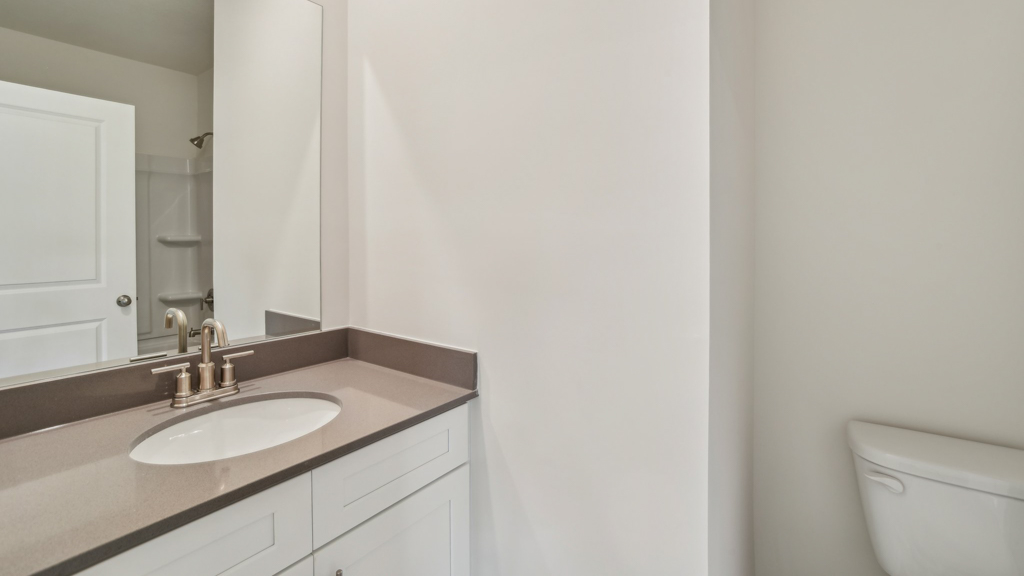 Bathroom with single sink vanity and step in shower.