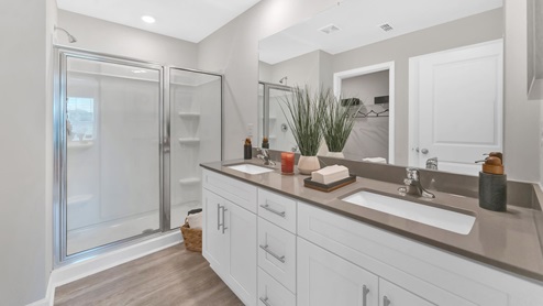 A bright, elegant bathroom with white walls and cabinets. It features a vinyl plank floor, a spacious sink area with a mirror, and an open closet.