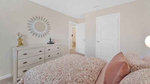 The view from the bed opens to closet door and door to the exterior hall.