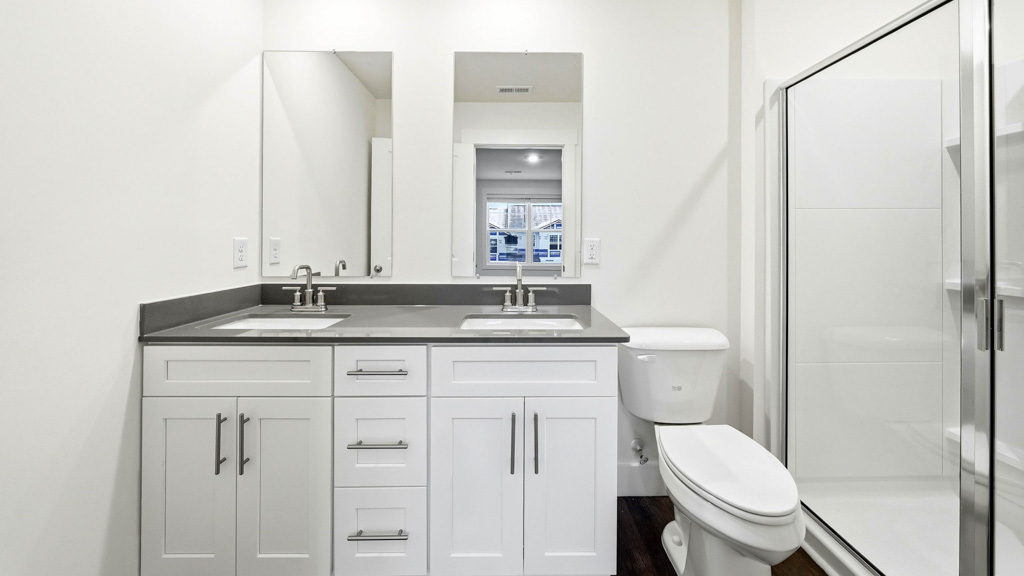 primary bathroom with double bowl vanity and walk in shower