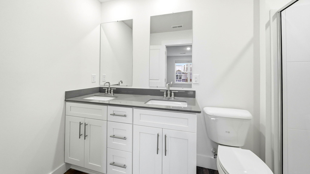 primary bathroom with double bowl vanity and walk in shower