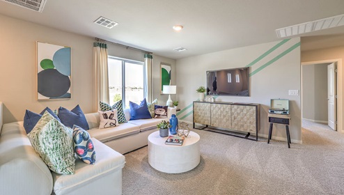 The Bonus Room in our Spectrum Falls 2988 plan with carpet flooring and windows.
