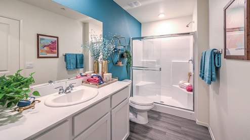 Attached to the Bedroom One Suite, our 1410 model bathroom with quartz/marble fusion countertops at the Bath Vanity, a walk-in shower, mirror, and grey cabinets.