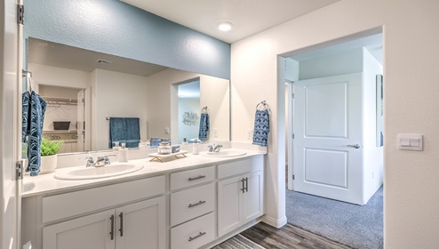 Attached to the Bedroom One Suite, our 1865 model bathroom with granite countertops at the double Bath Vanity, a walk-in shower, mirror, and grey cabinets.