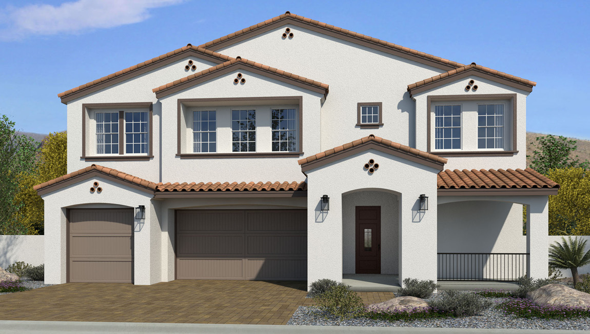 Our 4425 model home in the Symmetry Summit community with white and brown exterior paint schemes, a flat tile roof, front yard landscaping, paver walkways, and a three-car garage.