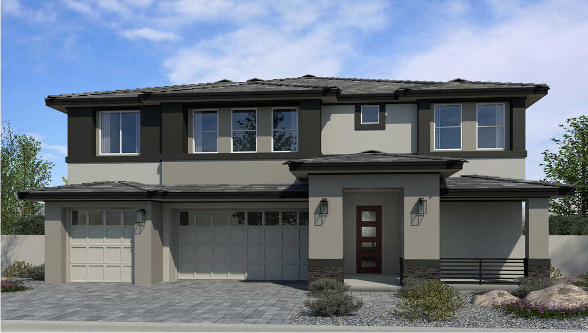 Our 4425 model home in the Symmetry Summit community with grey exterior paint schemes, a flat tile roof, front yard landscaping, paver walkways, and a three-car garage.
