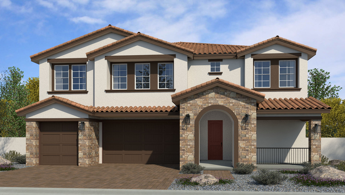 Our 4425 model home in the Symmetry Summit community with white and brown exterior paint schemes, a flat tile roof, front yard landscaping, paver walkways, and a three-car garage.