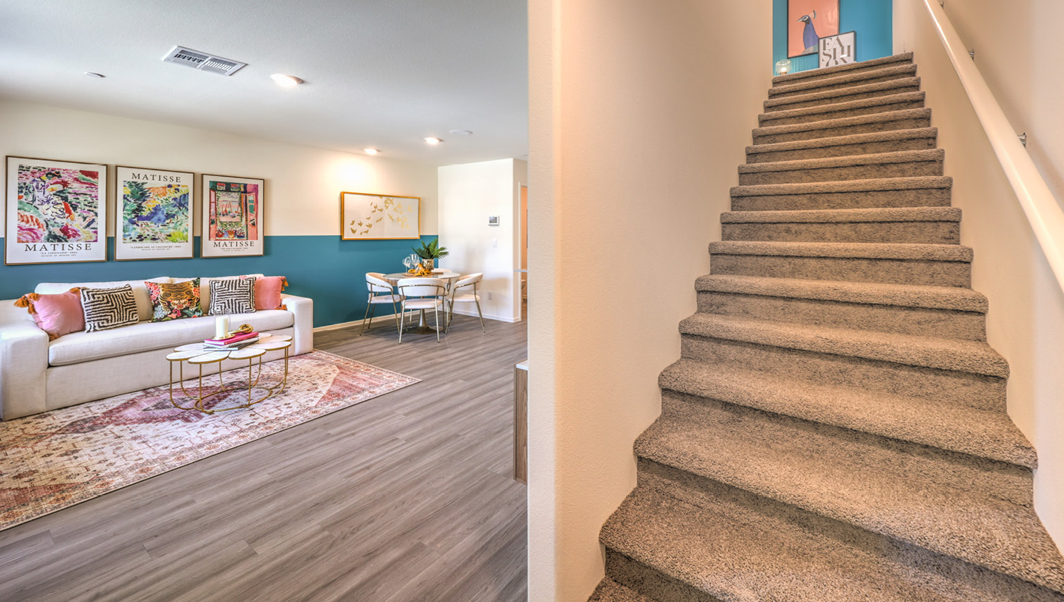 The Tempo Trails 1309 Plan is a two story floor plan. As you enter the home you will be greeted by an open concept Great Room and to the right you will be led to the carpeted staircase which leads you to the second floor.