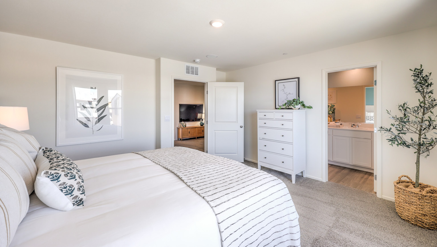The Bedroom One Suite in our Tempo Trails 1410 model with carpet flooring, an accent wall, two windows.