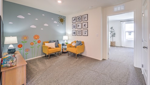 The upstairs loft in our Tempo Trails 1410 model with carpet flooring and a closet.