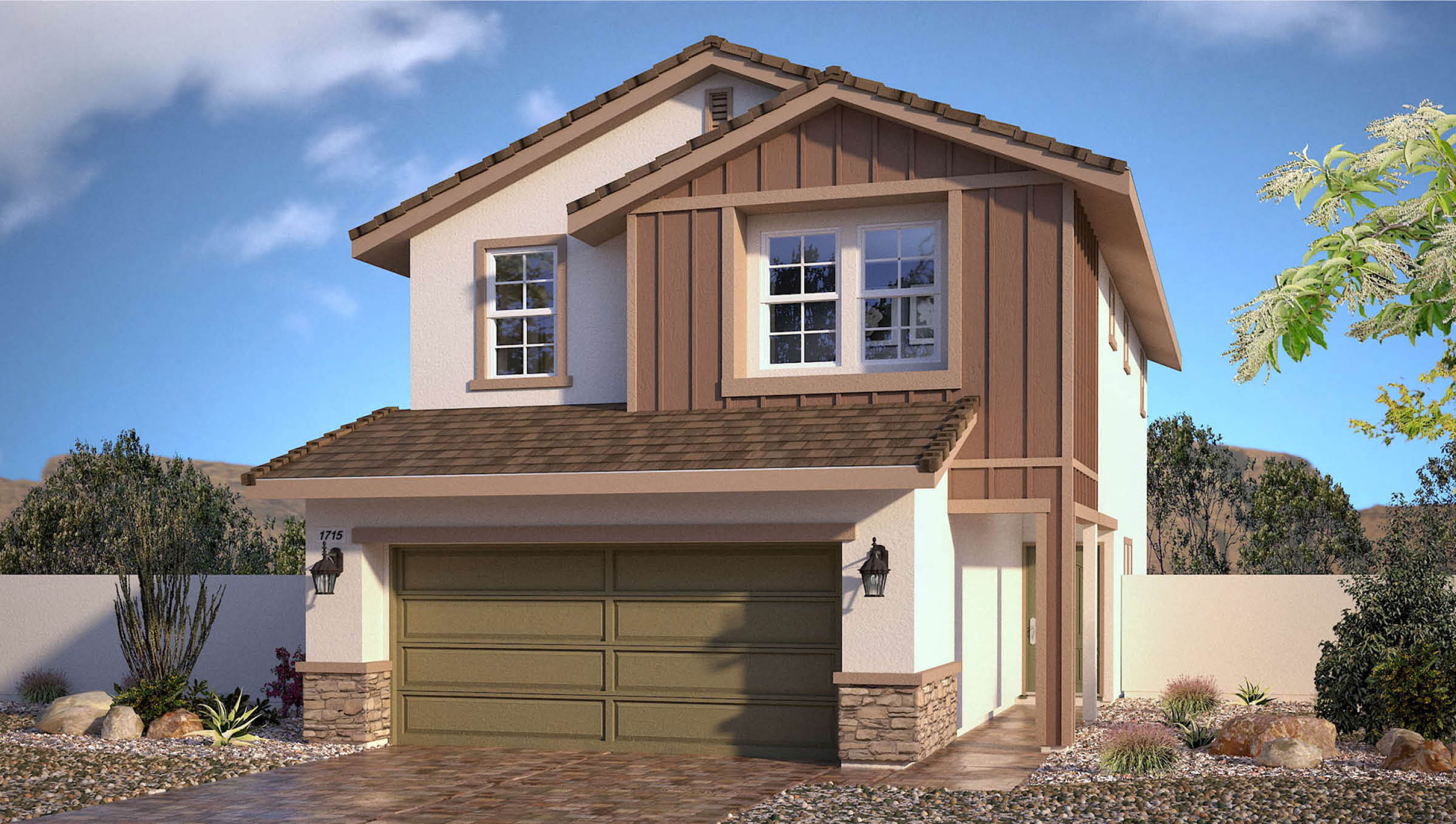 Our Plan 1715 home features a modern farmhouse design with a beige stucco and warm brown board-and-batten exterior. It includes a artichoke green, two-car garage, stone veneer accents, and a brown flat tile roof. The front yard is landscaped with decorative rocks and drought-resistant plants, complementing the home’s stylish yet practical aesthetic.