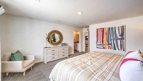 The Bedroom One Suite in our Symmetry Bay 1865 model with carpet flooring, walk-in closet, and a ceiling fan with a light kit.
