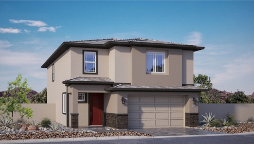 Our 2436 model home in the Symmetry Falls community with tan and light brown exterior paint, a flat tile roof, 2-car garage, front yard landscaping, and paver driveway and walkways.