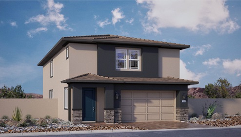 Our 2436 model home in the Symmetry Falls community with tan and dark grey exterior paint, a flat tile roof, 2-car garage, front yard landscaping, and paver driveway and walkways.