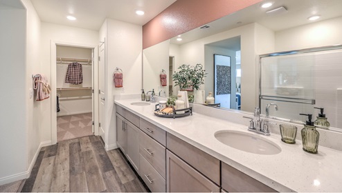 The Symmetry Falls 3000 Model Main Bedroom Suite Bathroom featuring Luxury Vinyl Plank flooring, dual sinks with quartz countertops, and a large frameless glass shower. The bathroom offers direct access to a spacious walk-in closet and includes recessed lighting and a full-length mirror for a bright and functional layout.