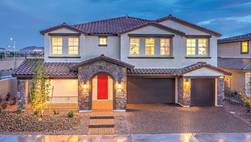 Exteriors in our Symmetry Summit Community Featuring designer-selected paint schemes, front yard landscaping, paver walkways, and 3-car garages.