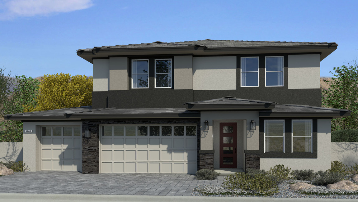 Our 3765 model home in the Symmetry Summit community with grey exterior paint schemes, a flat tile roof, front yard landscaping, paver walkways, and a three-car garage.