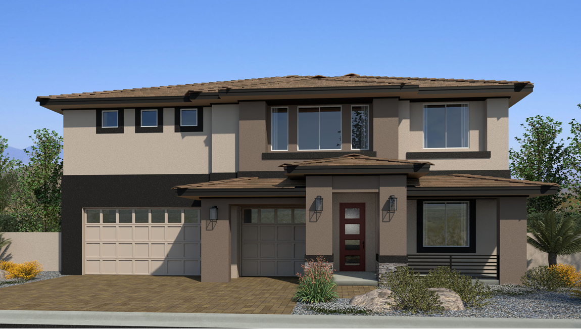 Our 3825 model home in the Symmetry Summit community with tan and brown exterior paint schemes, a flat tile roof, front yard landscaping, paver walkways, and a three-car garage.