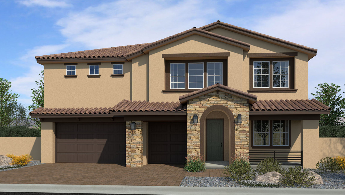 Our 3825 model home in the Symmetry Summit community with tan and brown exterior paint schemes, a flat tile roof, front yard landscaping, paver walkways, and a three-car garage.