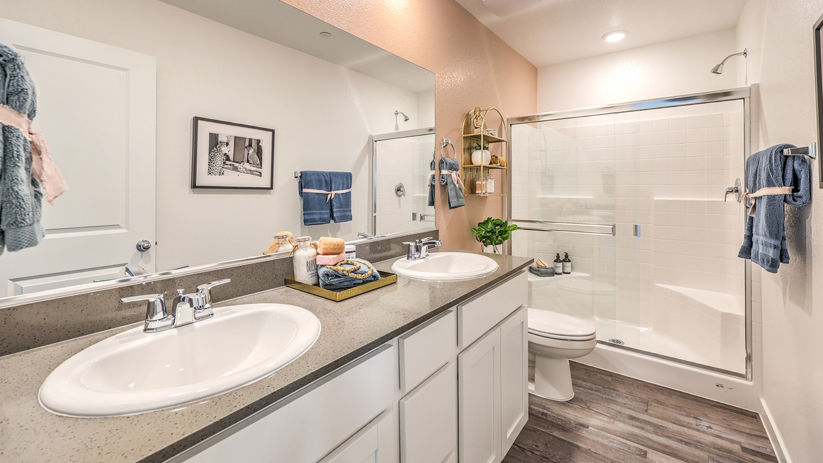 Attached to the Bedroom One Suite, our 1309 model bathroom with quartz/marble fusion countertops at the Bath Vanity, a walk-in shower, mirror, and white cabinets.