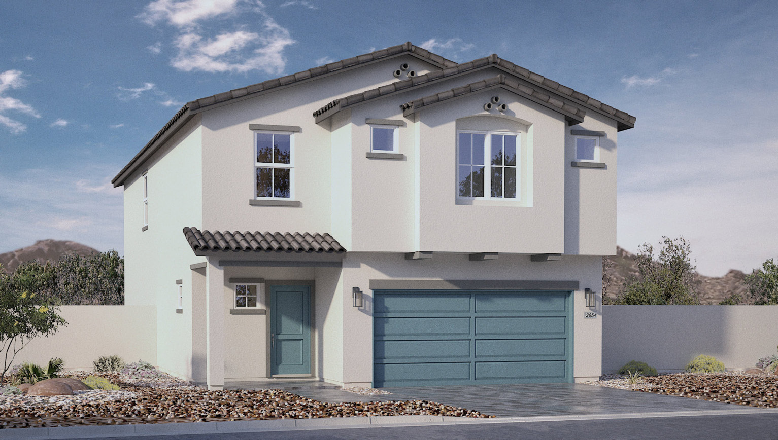 Our 2660 model home in the Heartland Falls community with white and blue exterior paint schemes, a flat tile roof, front yard landscaping, and paver walkways.