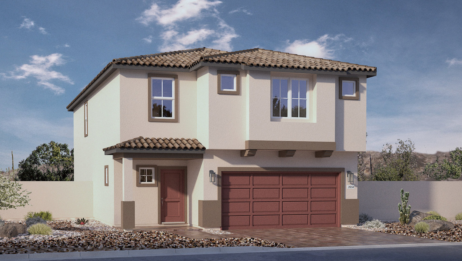 Our 2660 model home in the Heartland Falls community with white and red exterior paint schemes, a flat tile roof, front yard landscaping, and paver walkways.