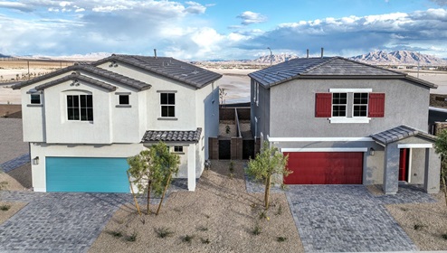 Our Heartland Falls community with tan and red exterior paint schemes, a flat tile roof, front yard landscaping, 2-car garage, and paver walkways.
