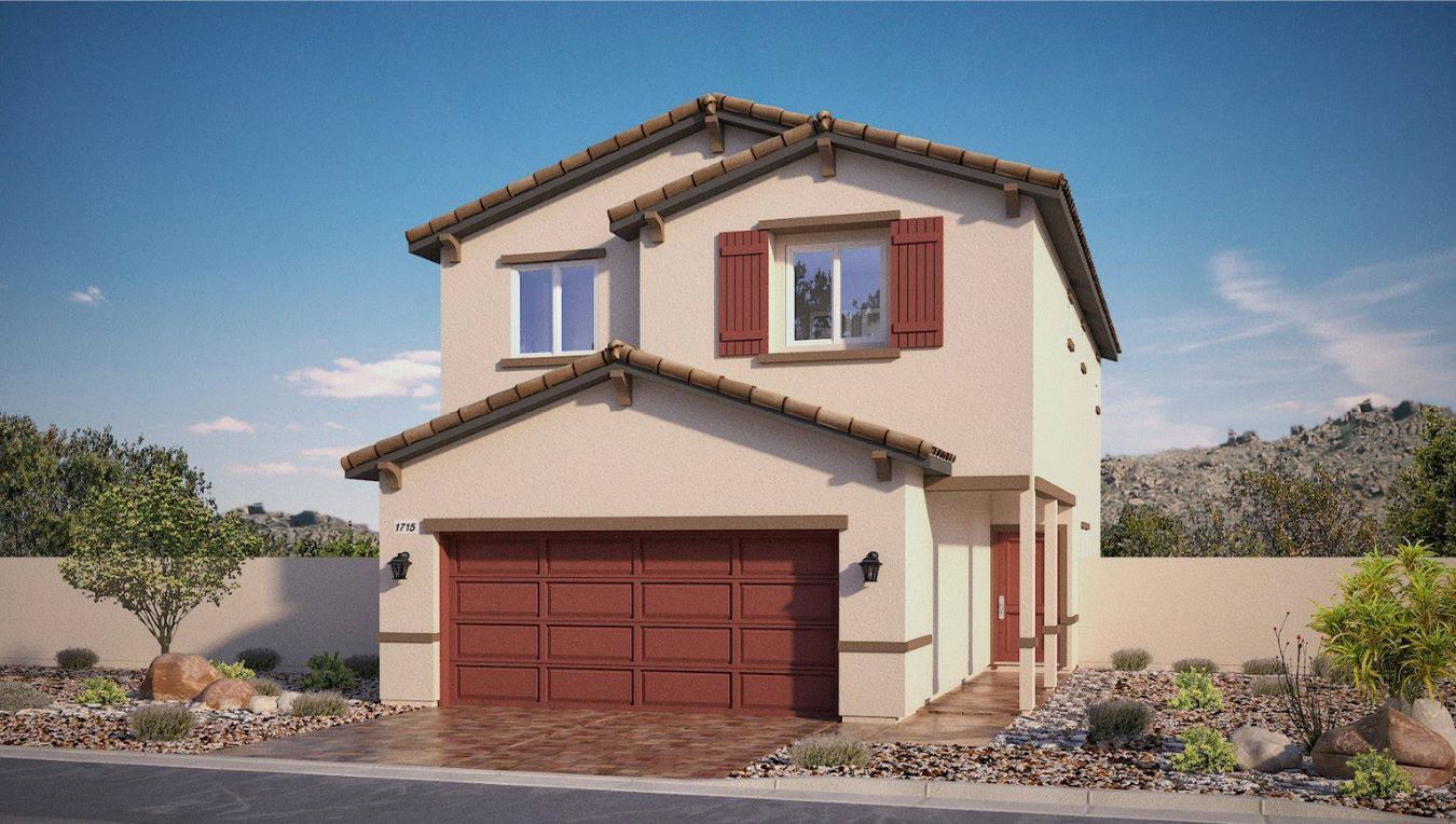 Our 1715 model home in the Heartland Bay community with tan and red exterior paint schemes, a flat tile roof, front yard landscaping, and paver walkways.