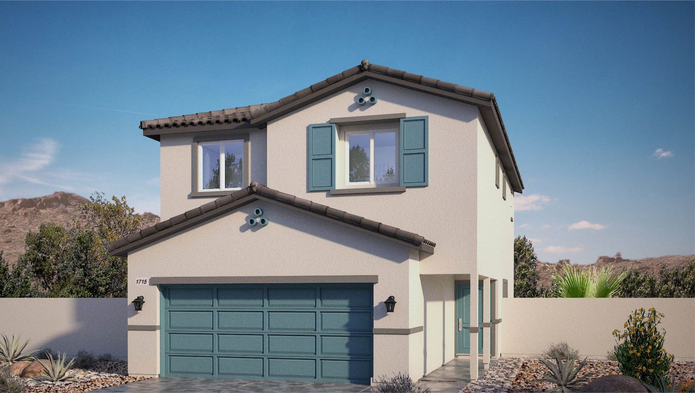 Our 1715 model home in the Heartland Bay community with tan and blue exterior paint schemes, a flat tile roof, front yard landscaping, and paver walkways.