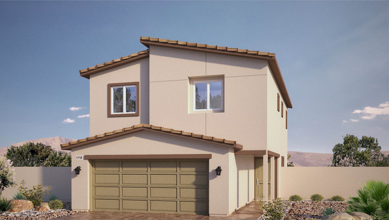 Our 1715 model home in the Heartland Bay community with tan and green exterior paint schemes, a flat tile roof, front yard landscaping, and paver walkways.