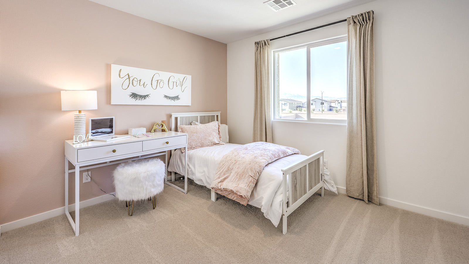 Bedroom Three in our Heartland Bay 1802 model with carpet flooring, a sliding closet, and one window.