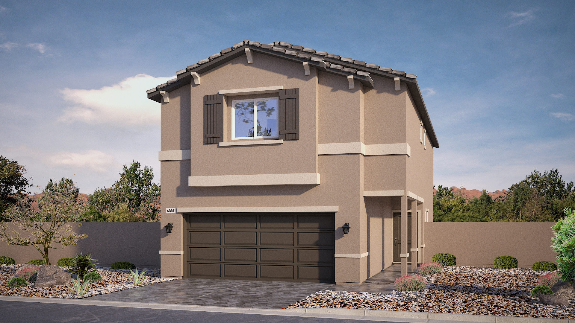 Our 1872 model home in the Meranto Bay community with brown and tan exterior paint schemes, a flat tile roof, front yard landscaping, and paver walkways.