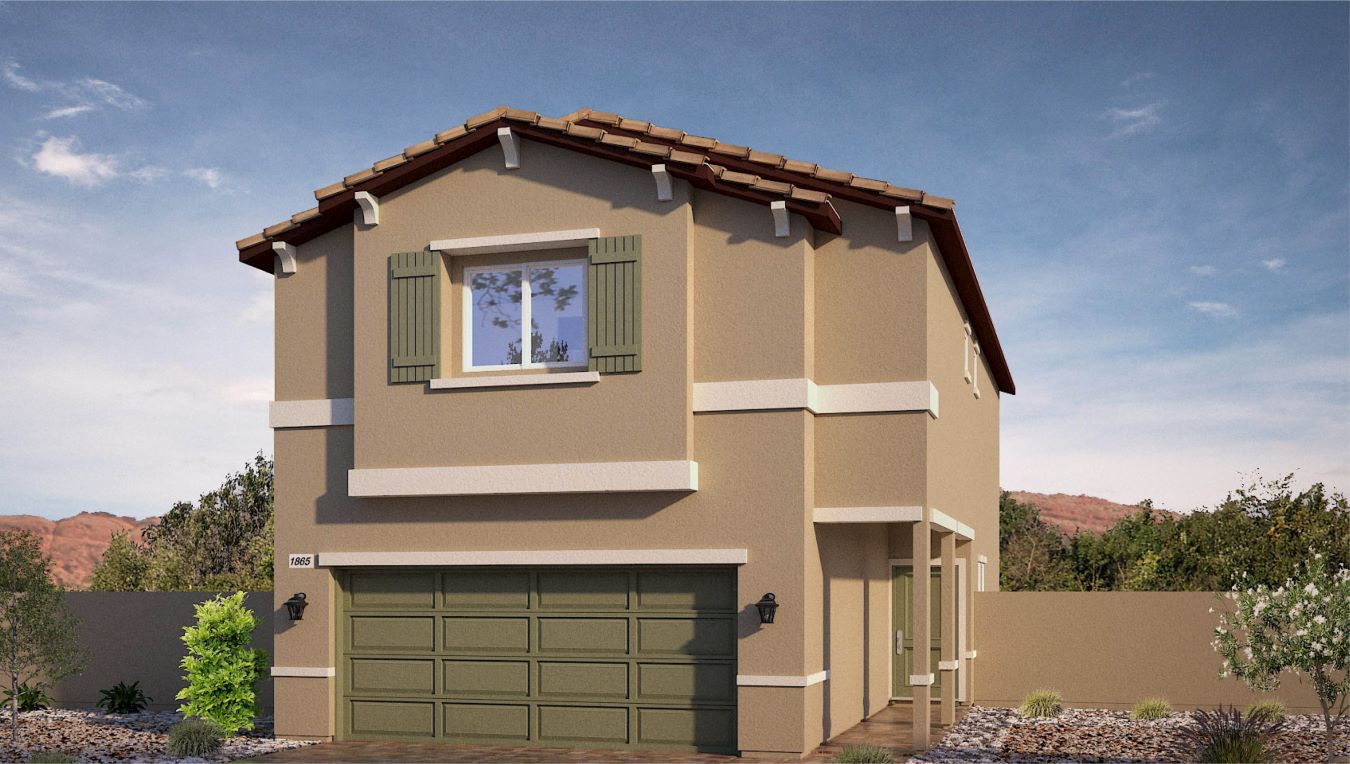 Our 1872 model home in the Heartland Bay community with the Green and Tan exterior paint schemes, a flat tile roof, front yard landscaping, and paver walkways.