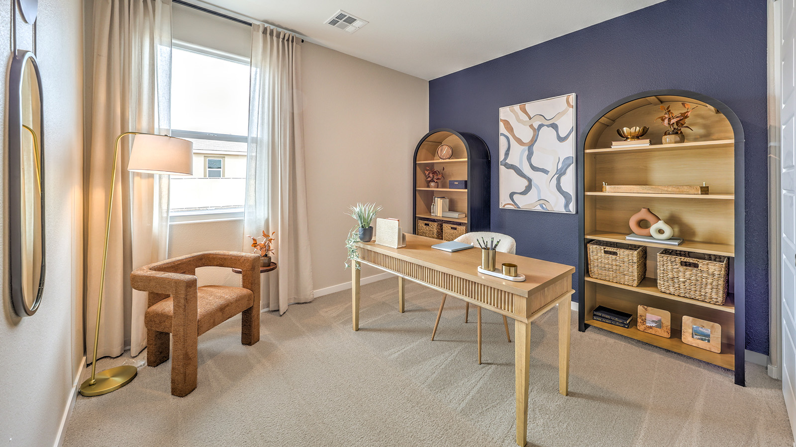 Bedroom Four in our Heartland Grove 1839 model with carpet flooring, a sliding closet, and a window.