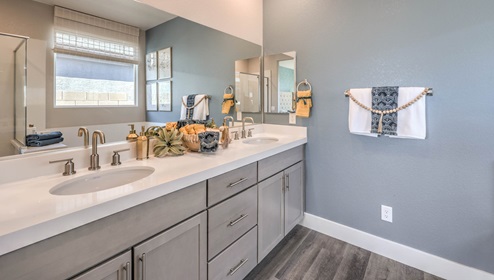 The main bathroom in our Heartland Manor 2754 Plan features luxury vinyl plank flooring, a spacious vanity with quartz or granite countertops, and dual sinks. A large mirror enhances the open feel of the space, while a window provides natural light. The bathroom connects to the main bedroom, offering both style and functionality.