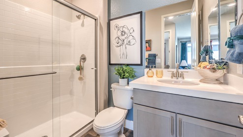 The MultiGEN bathroom in our Heartland Manor 2754 Plan features luxury vinyl plank flooring, a vanity with quartz or granite countertops, and a spacious walk-in shower with a glass enclosure. A large mirror enhances the space, while modern fixtures add style and functionality. Designed for convenience, this private bathroom is part of the MultiGEN suite, offering comfort and independence.