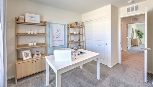the second bedroom of this specific model has been used to show the versatility of our bedrooms by making this a home office. This room is spacious and can accommodate a working desk or full sized bed and furniture or entertainment center. This bedroom also has a window and a sliding door closet.