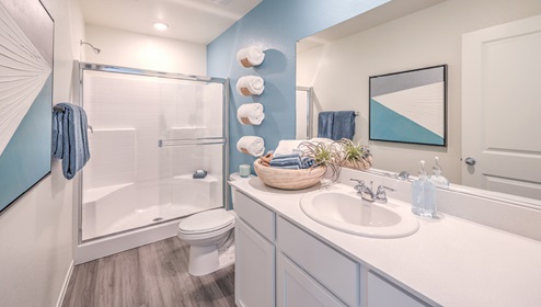 Our main bedroom has it's own full bathroom with a spacious counter, storage underneath the sink, a toilet to the left of the sink and a shower with sliding doors.