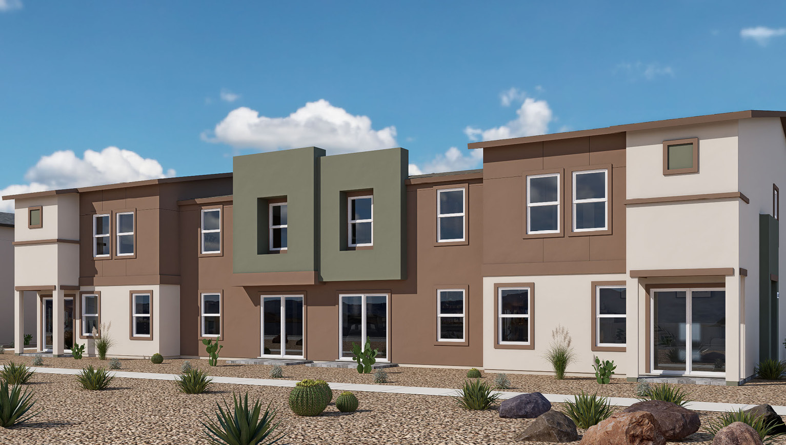 Our 1430 model home in the Kalea Trails community with brown and tan exterior paint schemes, common area landscaping, and paved walkways.