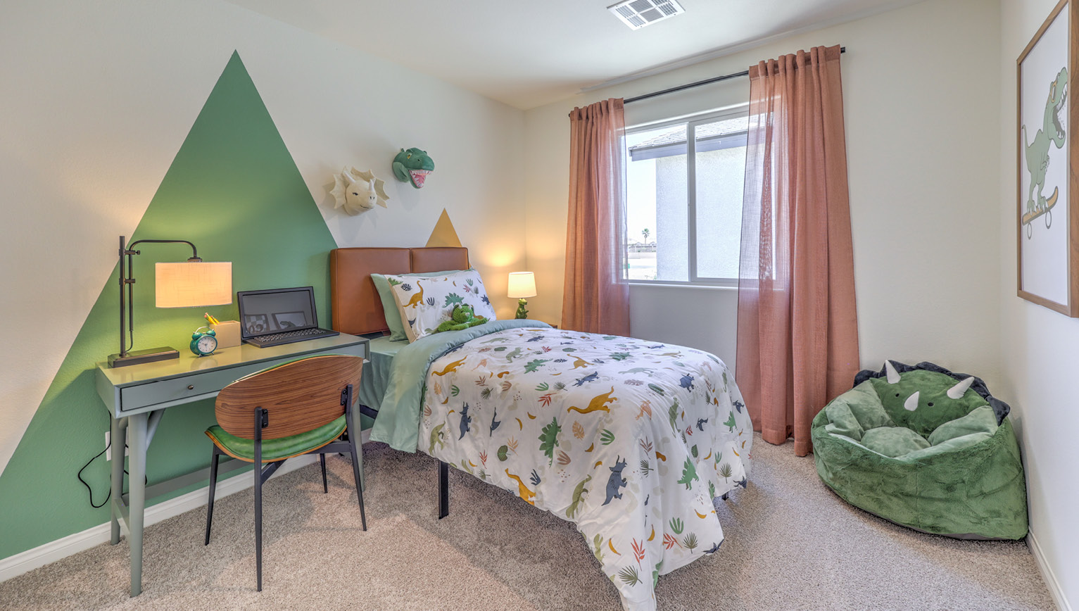 Bedroom Four in our Kalea Bay 1865 model with carpet flooring, a sliding closet, and one window.