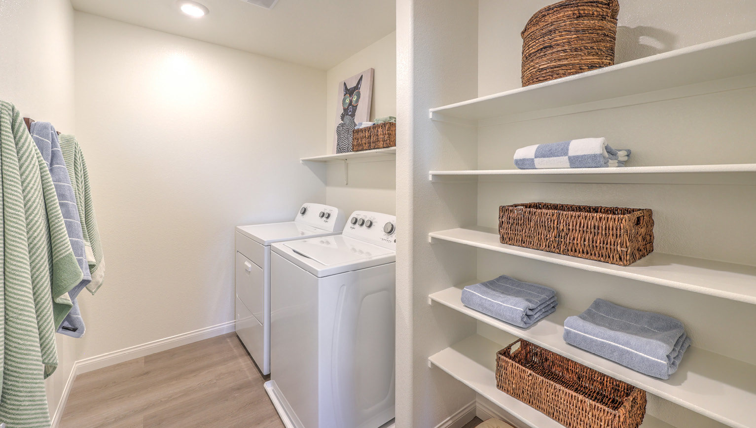 Our Kalea Bay 1865 model laundry room with shelves and a washer and dryer.