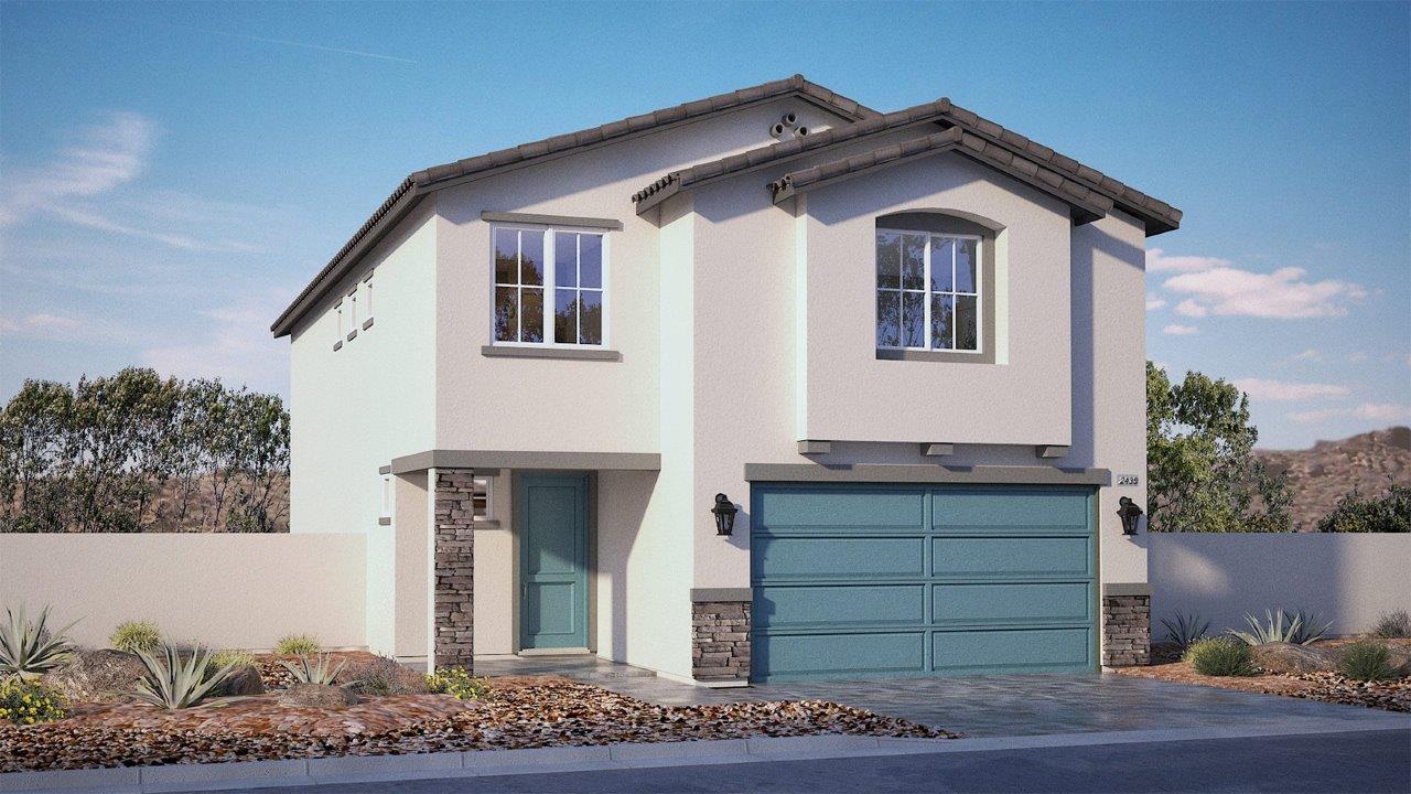 Our 2436 two story model home in the Tropical Falls community with a 2-car garage, front yard landscaping, and paver walkways.