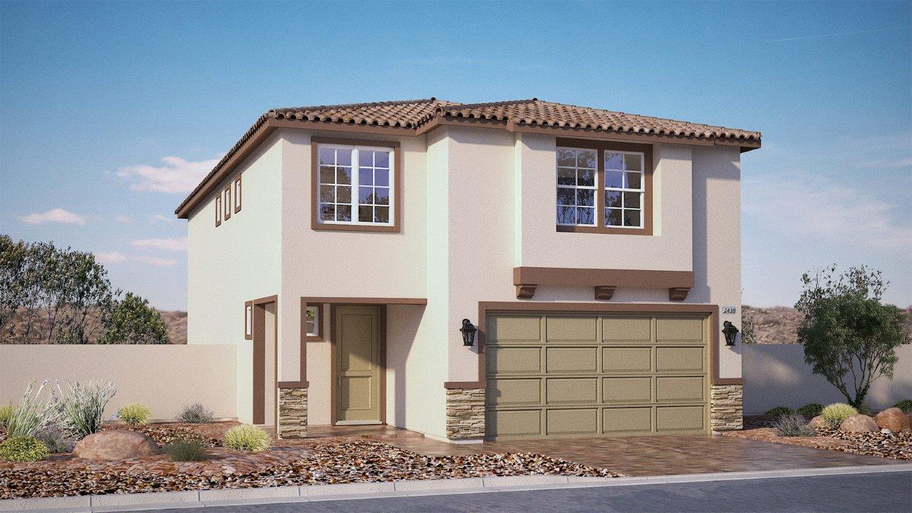 Our 2436 two story model home in the Tropical Falls community with a 2-car garage, front yard landscaping, and paver walkways.