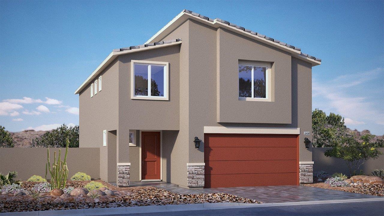 Our 2436 two story model home in the Tropical Falls community with a 2-car garage, front yard landscaping, and paver walkways.