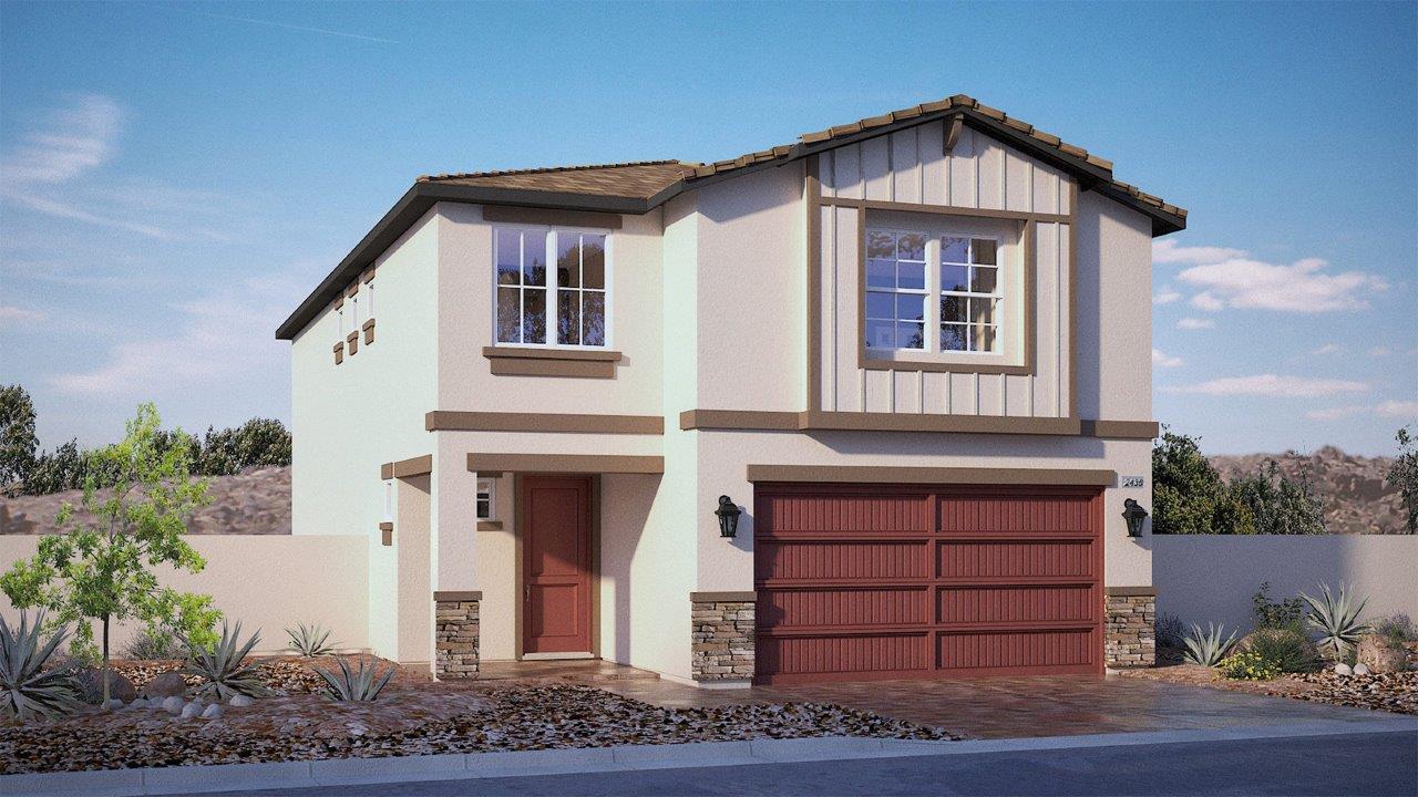 Our 2436 two story model home in the Tropical Falls community with a 2-car garage, front yard landscaping, and paver walkways.